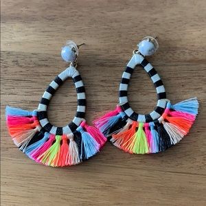 Striped multi colored fringe statement earrings
